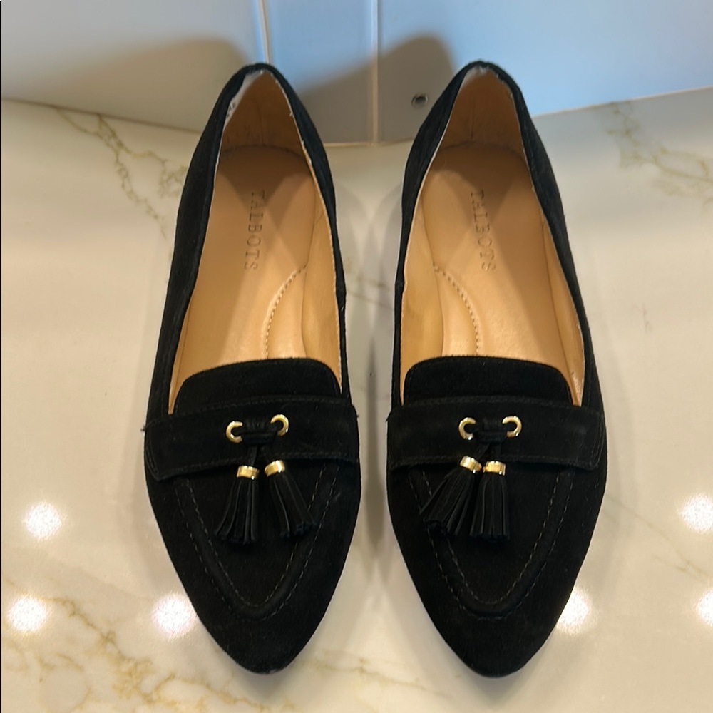 Talbots Black Suede Pointed Tassel Loafers - Picture 1 of 5